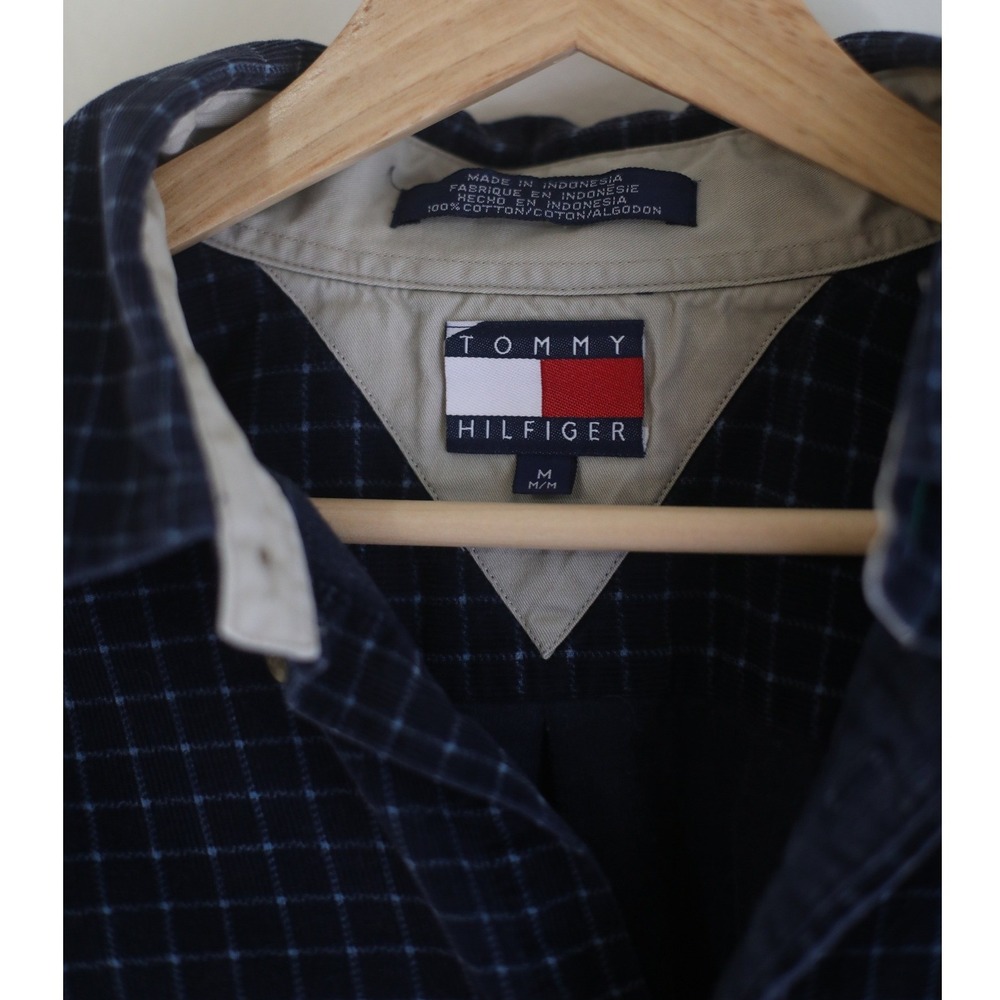 Y2K Tommy Hilfiger Mens‎ Navy Blue Grid Check Corduroy Button Down Shirt Size M - Picture 4 of 7